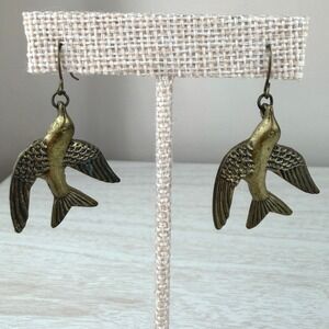 Vintage 90s Bronze Swallow Bird Drop Earrings Romantic Boho Love Antique